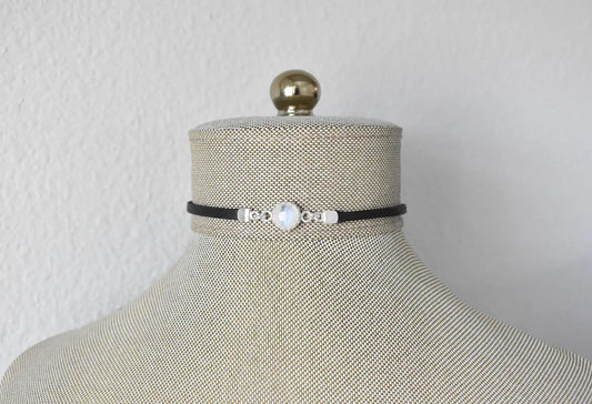 Rainbow Moonstone Black Leather Choker. Sterling Silver. DAINTY Choker. 27 Gemstone options. 14 leather colors.