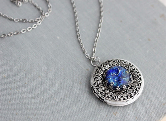 Blue Fire Opal Locket Necklace