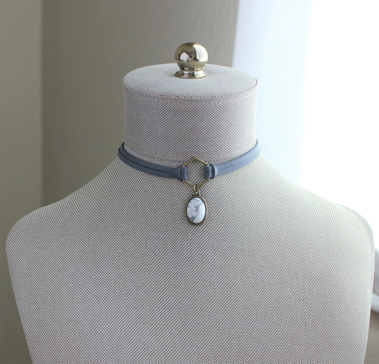 Howlite Choker. Hexagon Suede Choker.