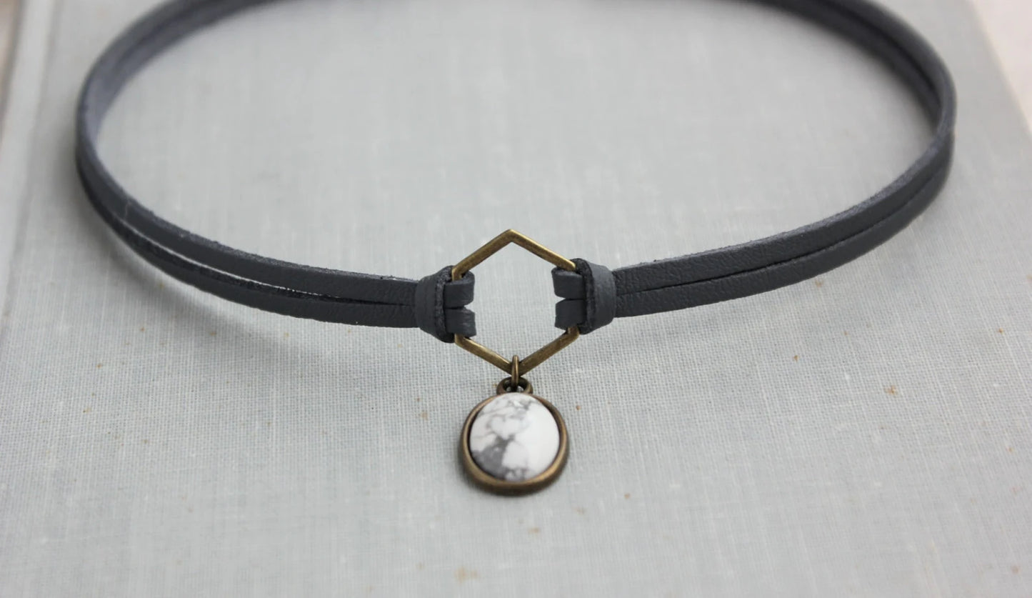 Howlite Choker. Hexagon Suede Choker.