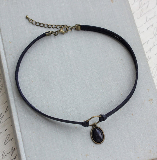 Blue Goldstone Choker. Hexagon Suede Choker.