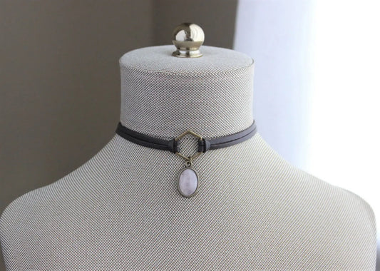 Rose Quartz Choker. Hexagon Leather Choker