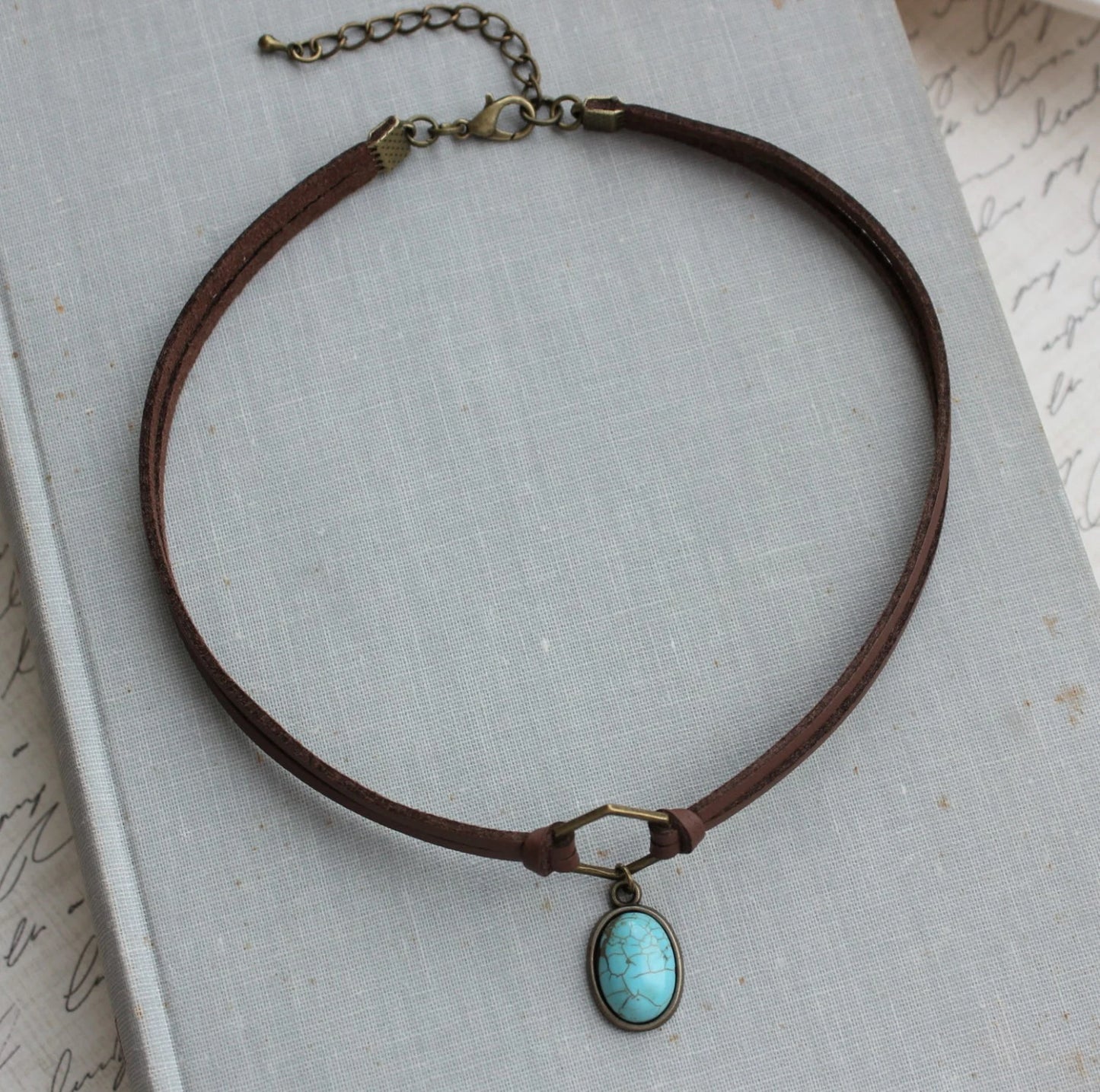 Turquoise Choker. Hexagon Suede Choker