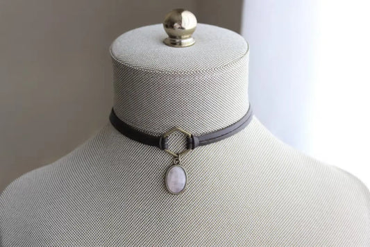 Rose Quartz Choker. Hexagon Leather Choker