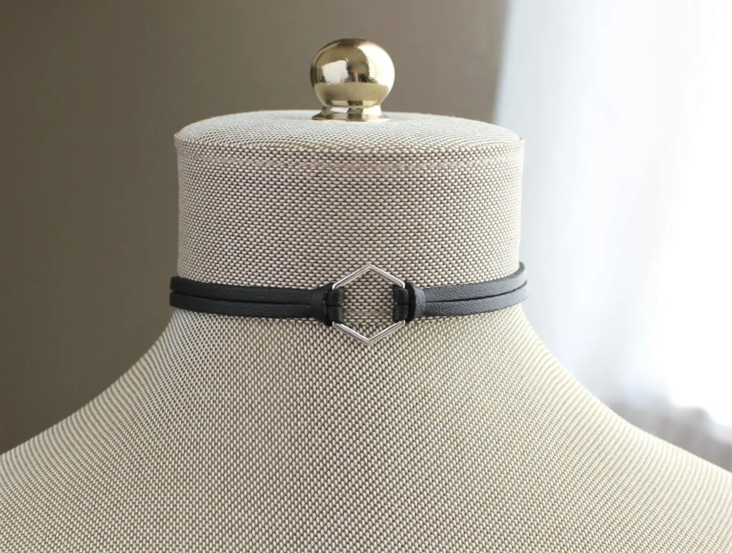 Hexagon Leather Choker. Silver, Gold, or Bronze