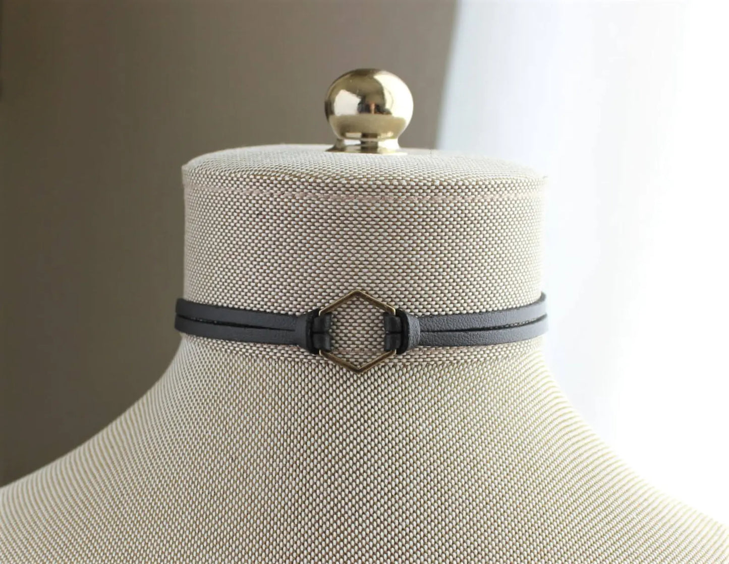 Hexagon Leather Choker. Silver, Gold, or Bronze