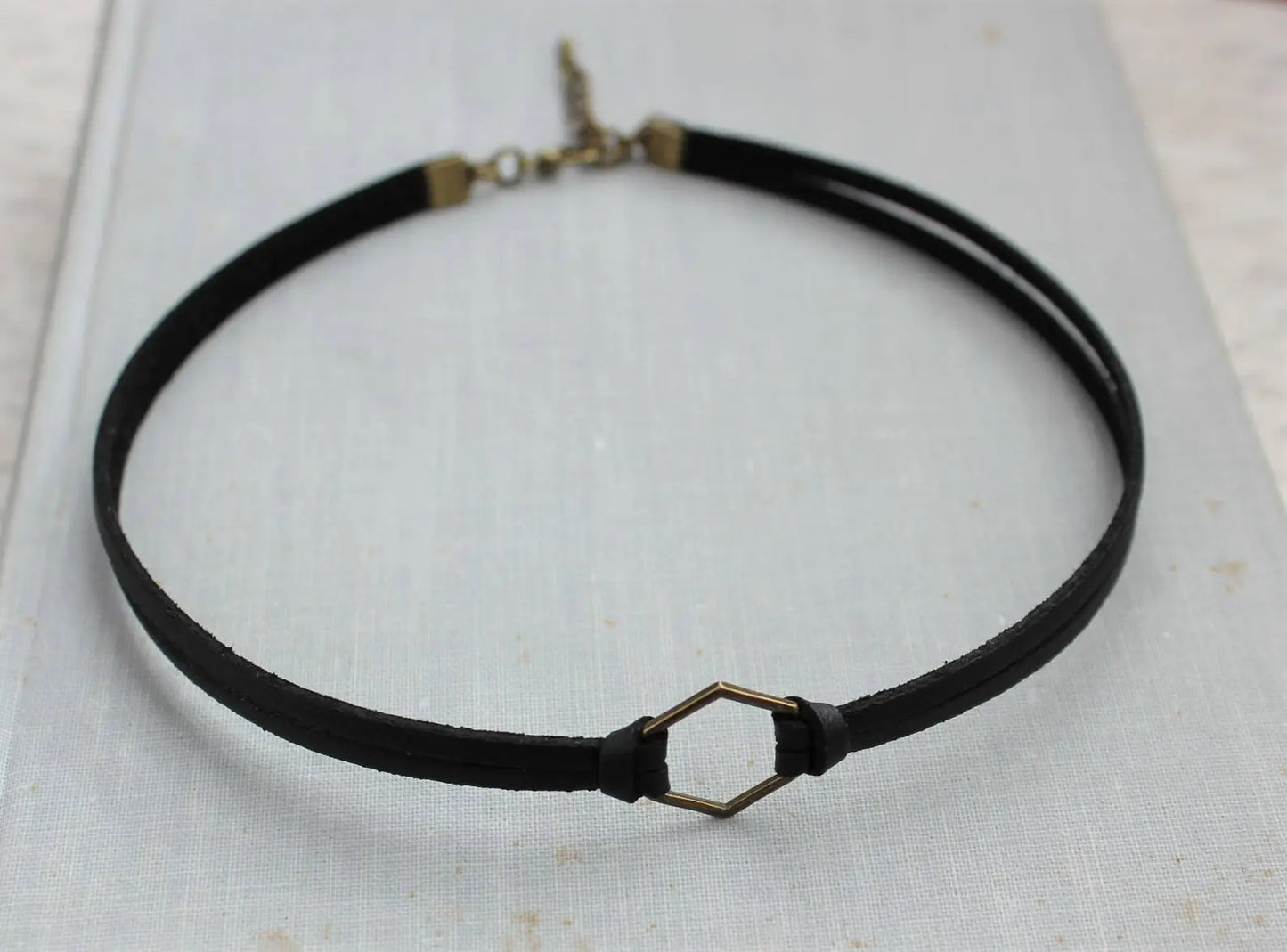 Hexagon Leather Choker. Silver, Gold, or Bronze