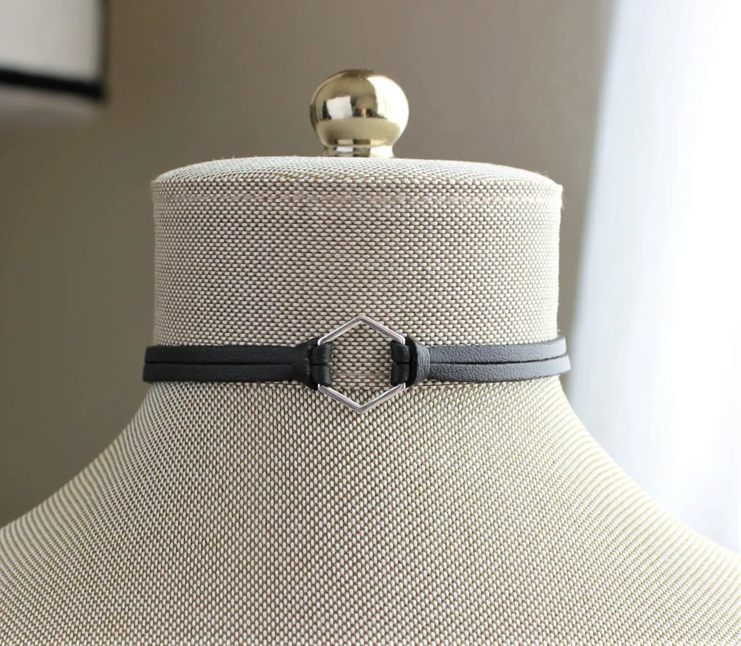 Hexagon Leather Choker. Silver, Gold, or Bronze