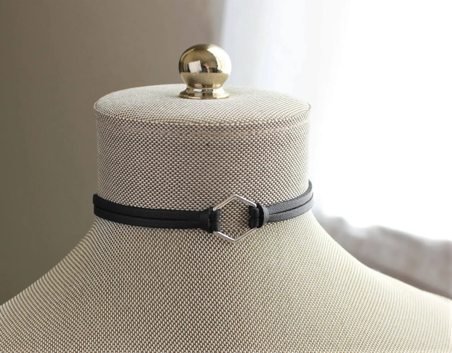 Hexagon Leather Choker. Silver, Gold, or Bronze