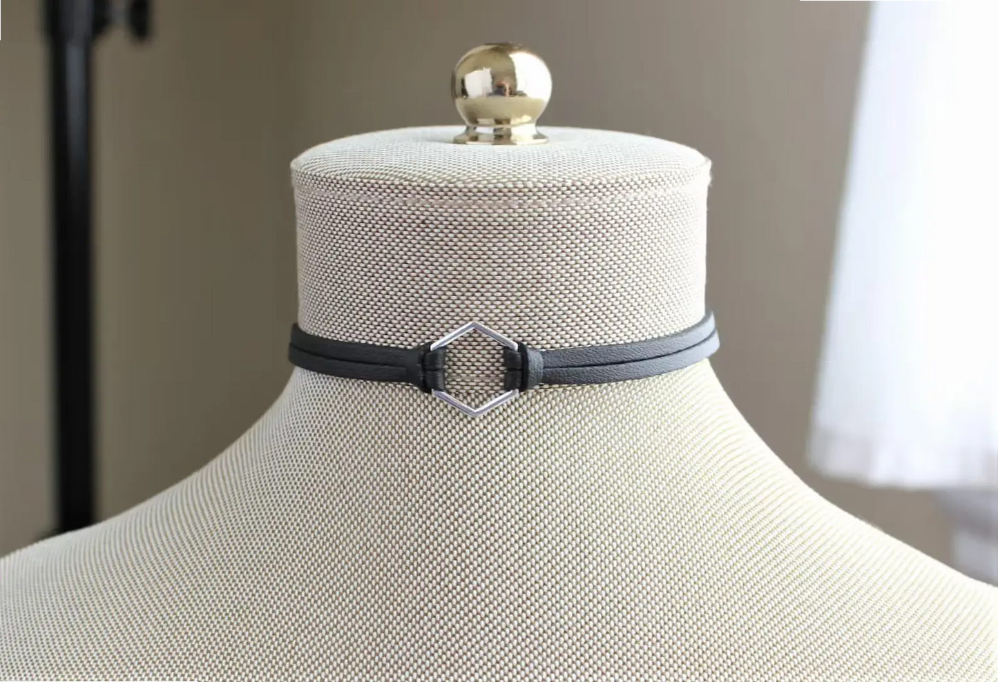 Hexagon Leather Choker. Gold, Silver or Bronze. Lots of leather or suede color options