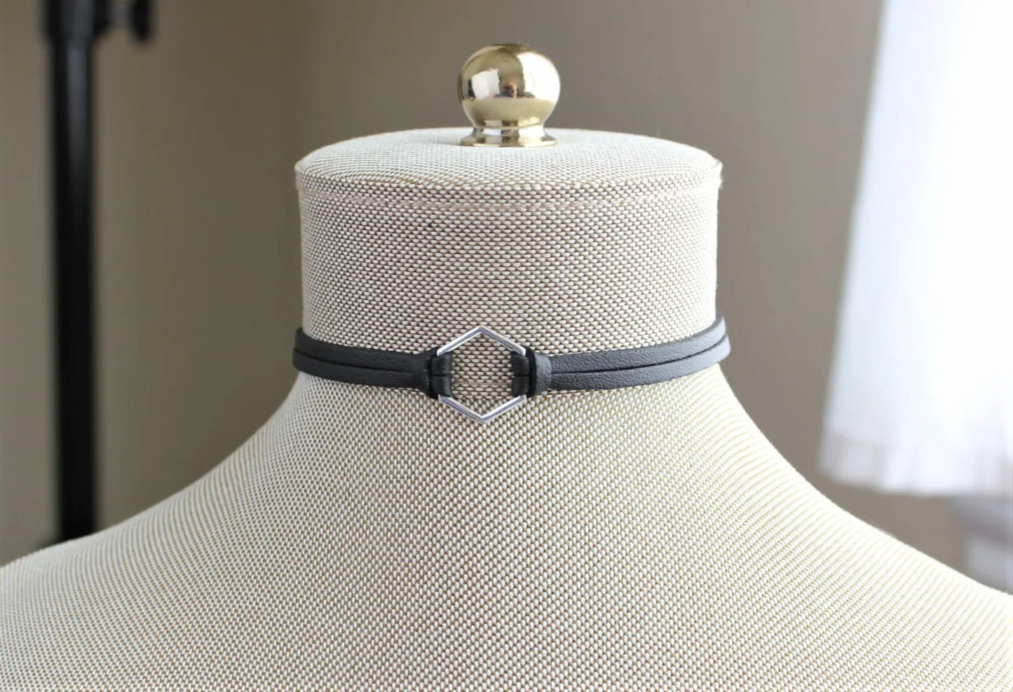 Hexagon Leather Choker. Gold, Silver or Bronze. 14 Leather colors to choose from