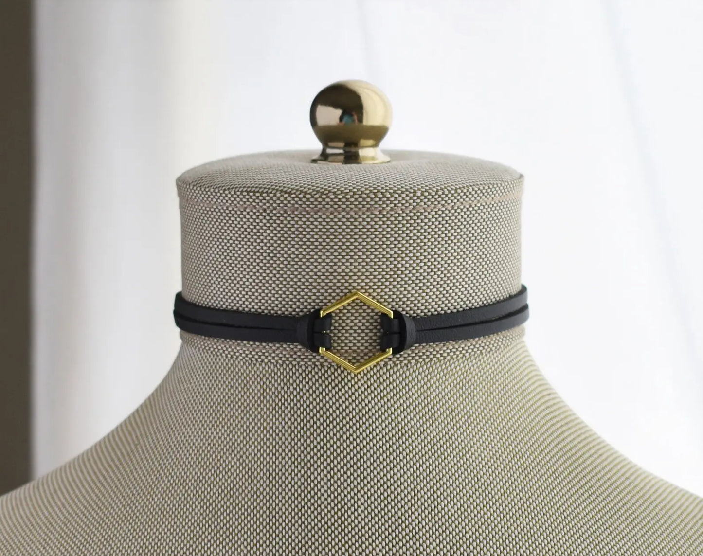 Hexagon Leather Choker. Gold, Silver or Bronze. Lots of leather or suede color options