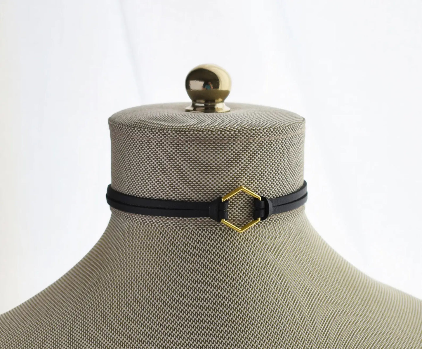 Hexagon Leather Choker. Gold, Silver or Bronze. Lots of leather or suede color options