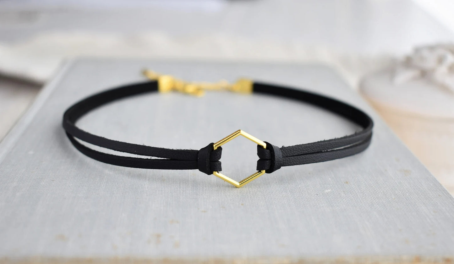 Hexagon Leather Choker. Gold, Silver or Bronze. 14 Leather colors to choose from