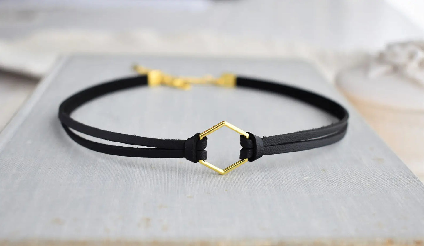 Hexagon Leather Choker. Gold, Silver or Bronze. Lots of leather or suede color options