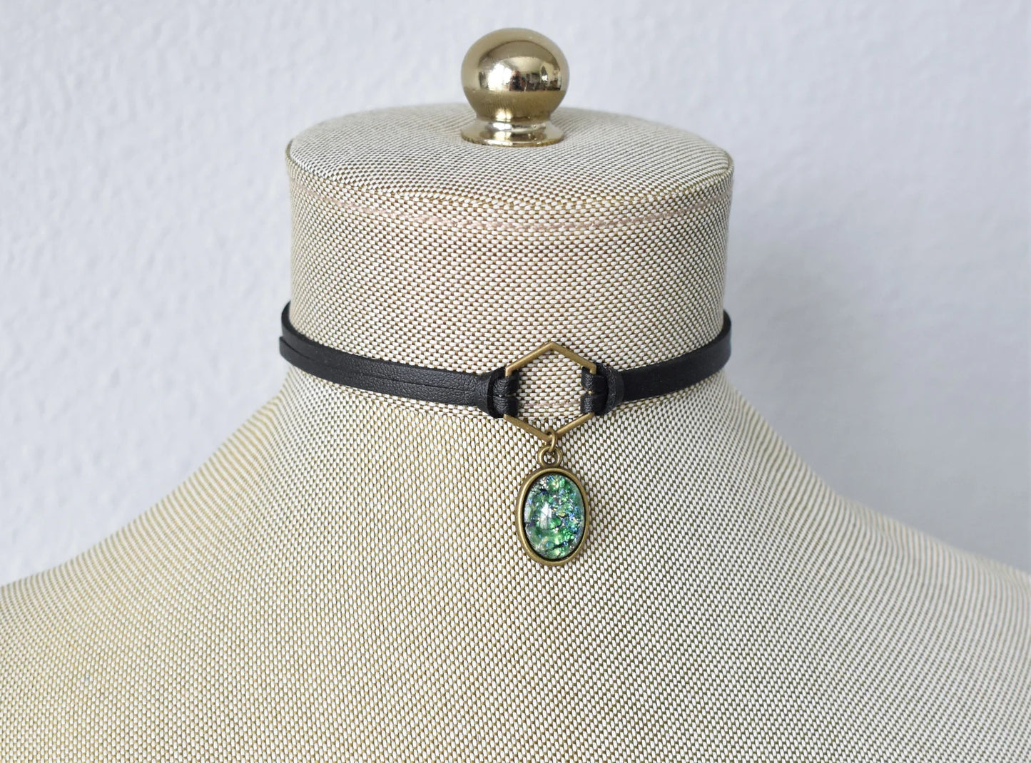 Green Opal Choker. Hexagon Faux Leather or Suede Choker.