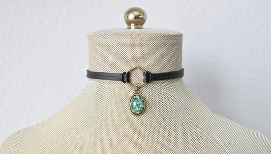 Green Opal Choker. Hexagon Faux Leather or Suede Choker.