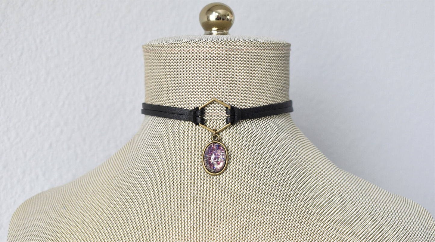 Purple Opal Choker. 8 Opal color options. Hexagon Faux Leather or Suede Choker.