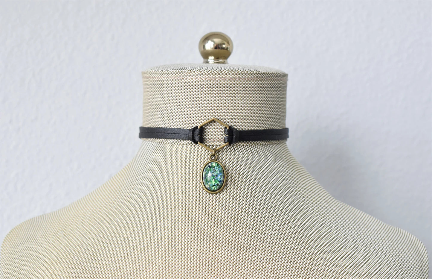 Green Opal Choker. Hexagon Faux Leather or Suede Choker.