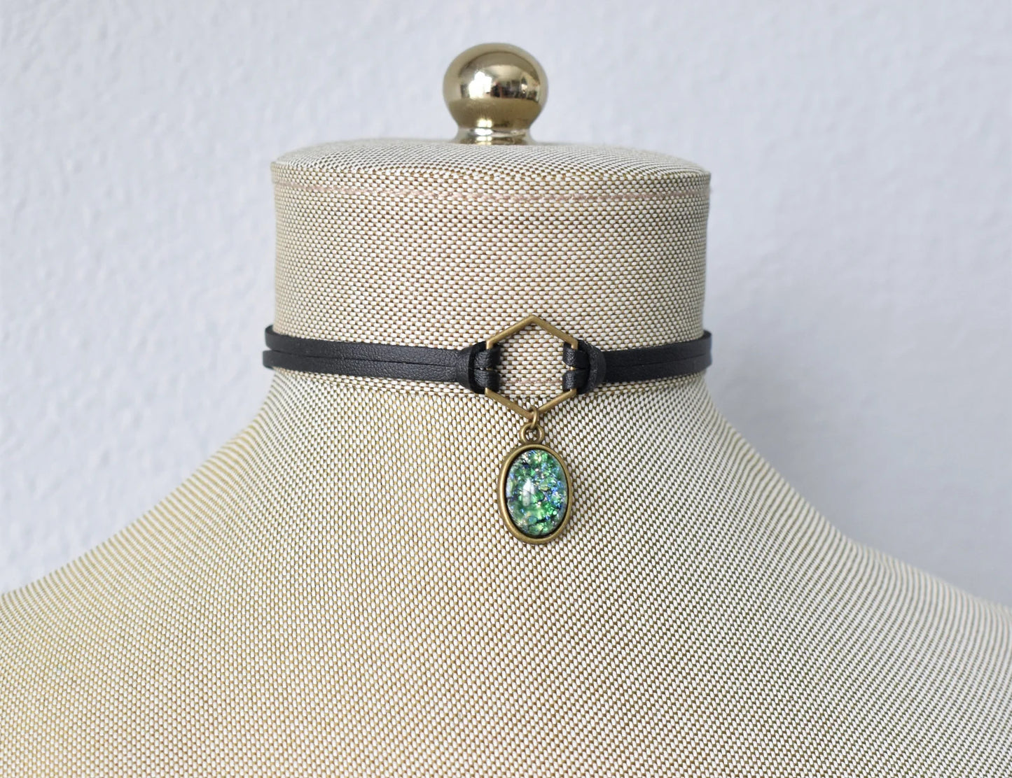 Green Opal Choker. Hexagon Faux Leather or Suede Choker.