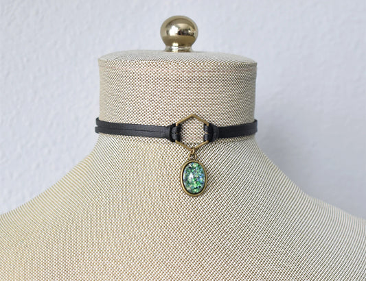 Green Opal Choker. Hexagon Faux Leather or Suede Choker.