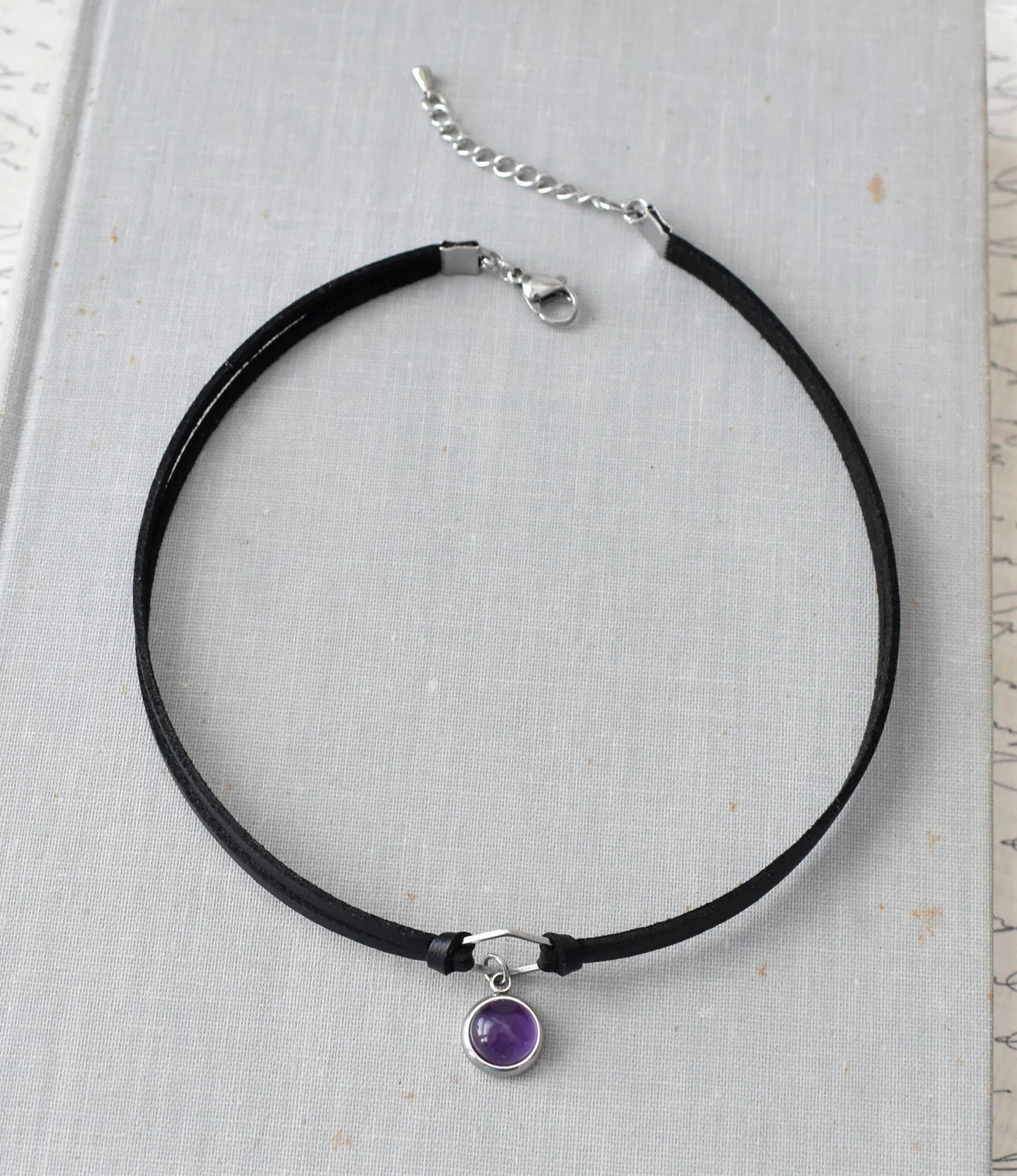 Gemstone Black Leather Choker. Stainless Steel. 17 Gemstone options