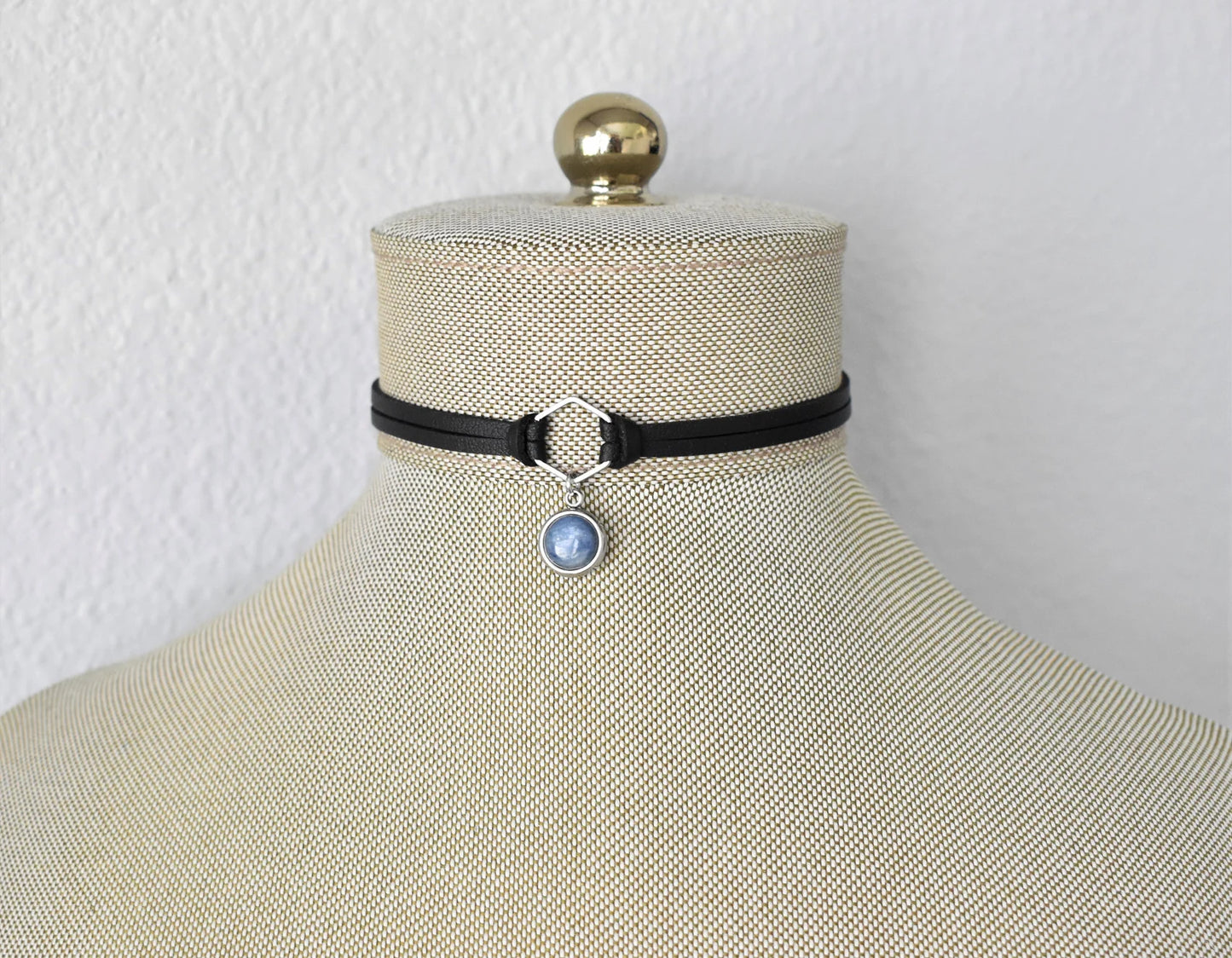 Gemstone Black Leather Choker. Stainless Steel. 17 Gemstone options