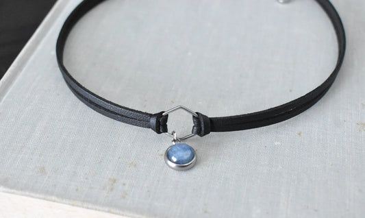 Gemstone Black Leather Choker. Stainless Steel. 17 Gemstone options