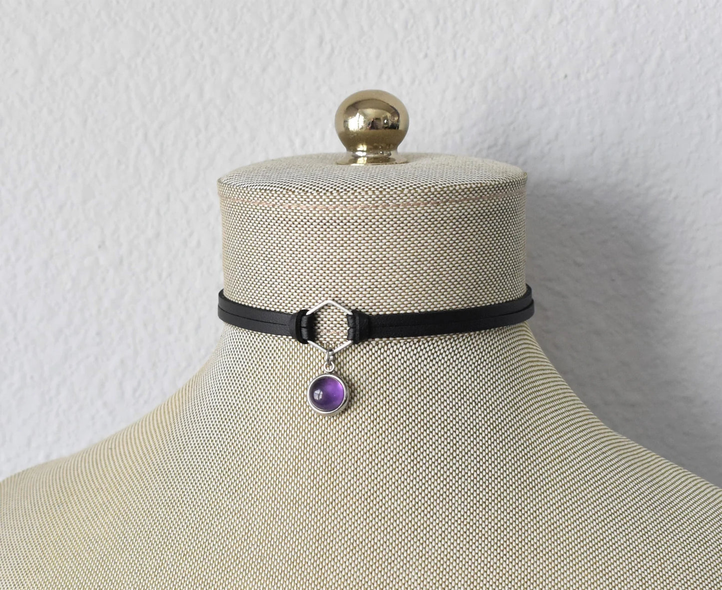 Gemstone Black Leather Choker. Stainless Steel. 17 Gemstone options