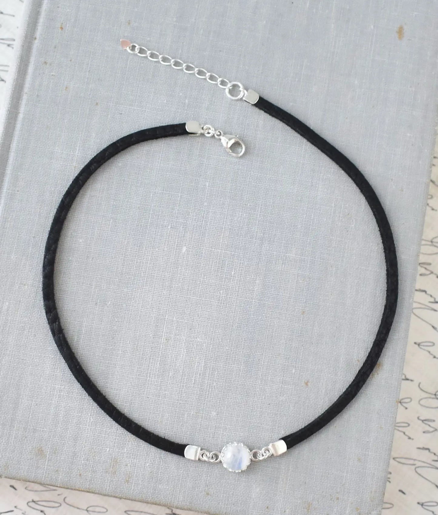 Rainbow Moonstone Black Leather Choker. Sterling Silver. DAINTY Choker. 27 Gemstone options. 14 leather colors.