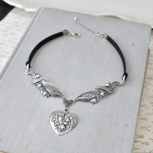 Lilly of the Valley Heart Leather Choker