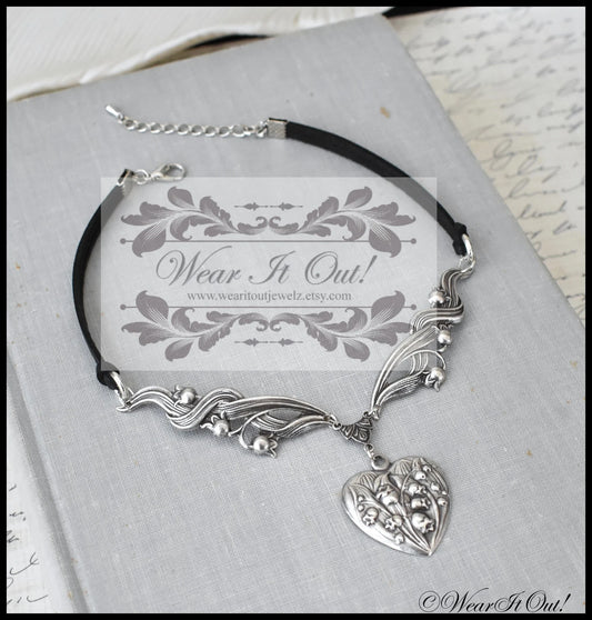 Lilly of the Valley Heart Leather Choker