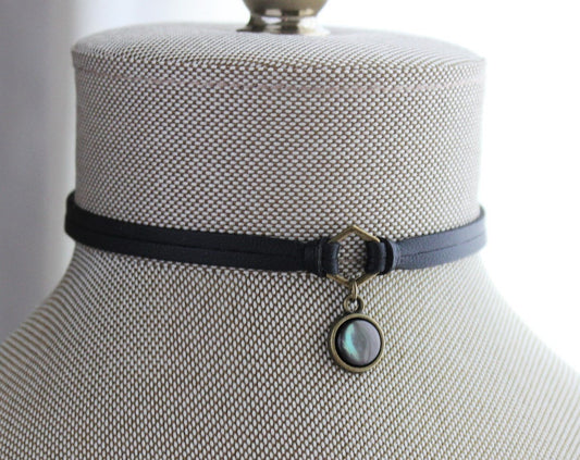 Gemstone Black Leather Choker. Black Pearl Choker. 17 Gemstone options. 14 leather colors