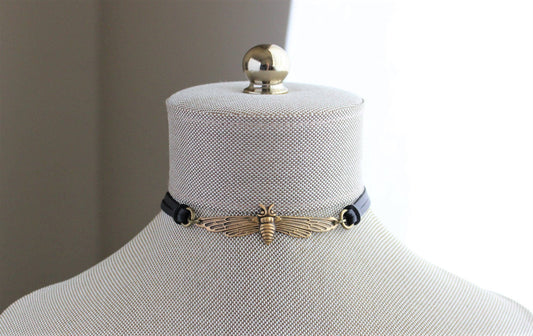 Bee Black Leather Choker. Antique silver OR Antique Brass. Lots of leather or suede colors to choose from