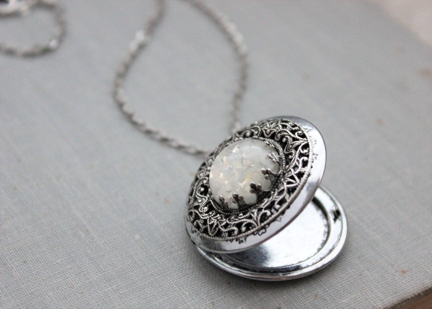 White Fire Opal Locket Necklace