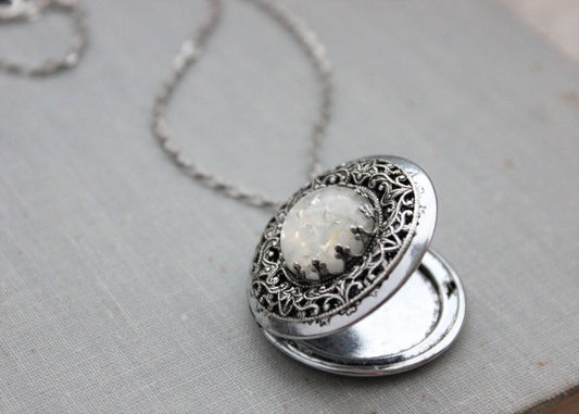 White Fire Opal Locket Necklace