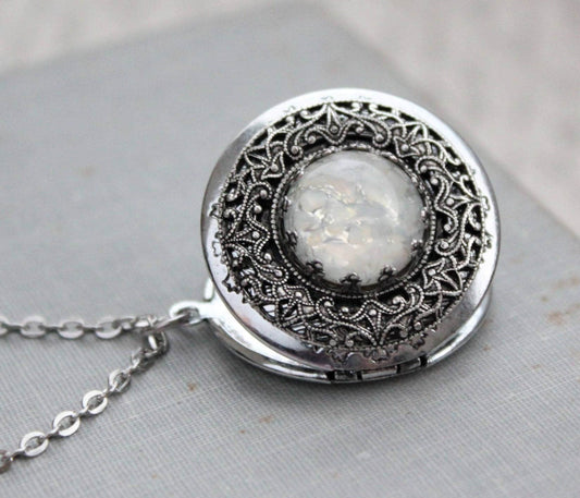 White Fire Opal Locket Necklace