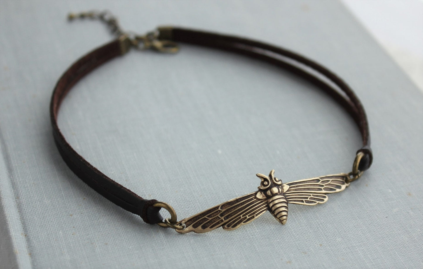 Bee Black Leather Choker. Antique silver OR Antique Brass. Lots of leather or suede colors to choose from