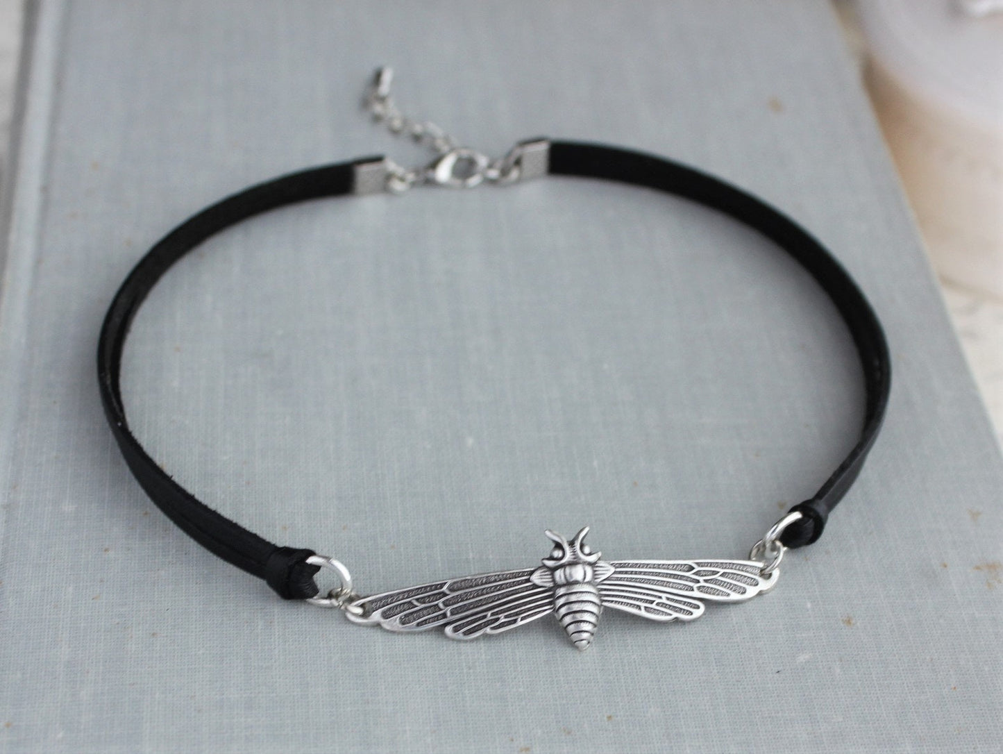 Bee Black Leather Choker. Antique silver OR Antique Brass. Lots of leather or suede colors to choose from