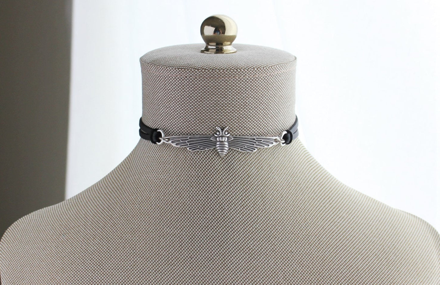 Bee Black Leather Choker. Antique silver OR Antique Brass. Lots of leather or suede colors to choose from