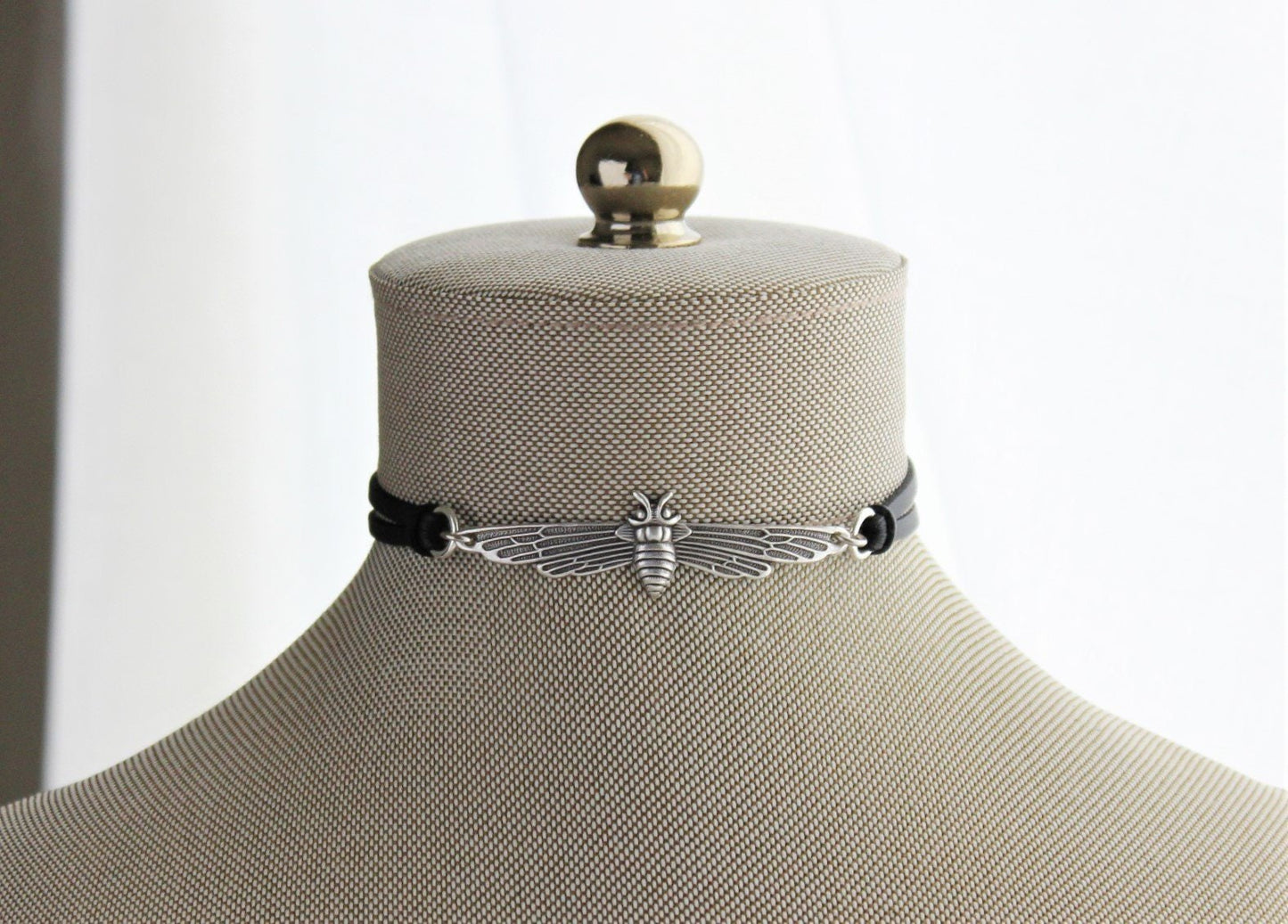 Bee Black Leather Choker. Antique silver OR Antique Brass. Lots of leather or suede colors to choose from