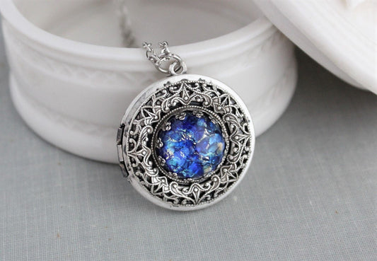 Blue Fire Opal Locket Necklace