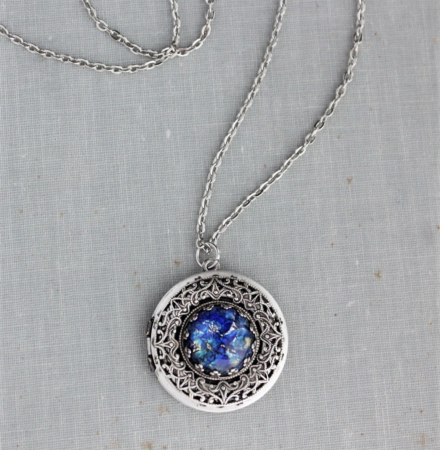 Blue Fire Opal Locket Necklace