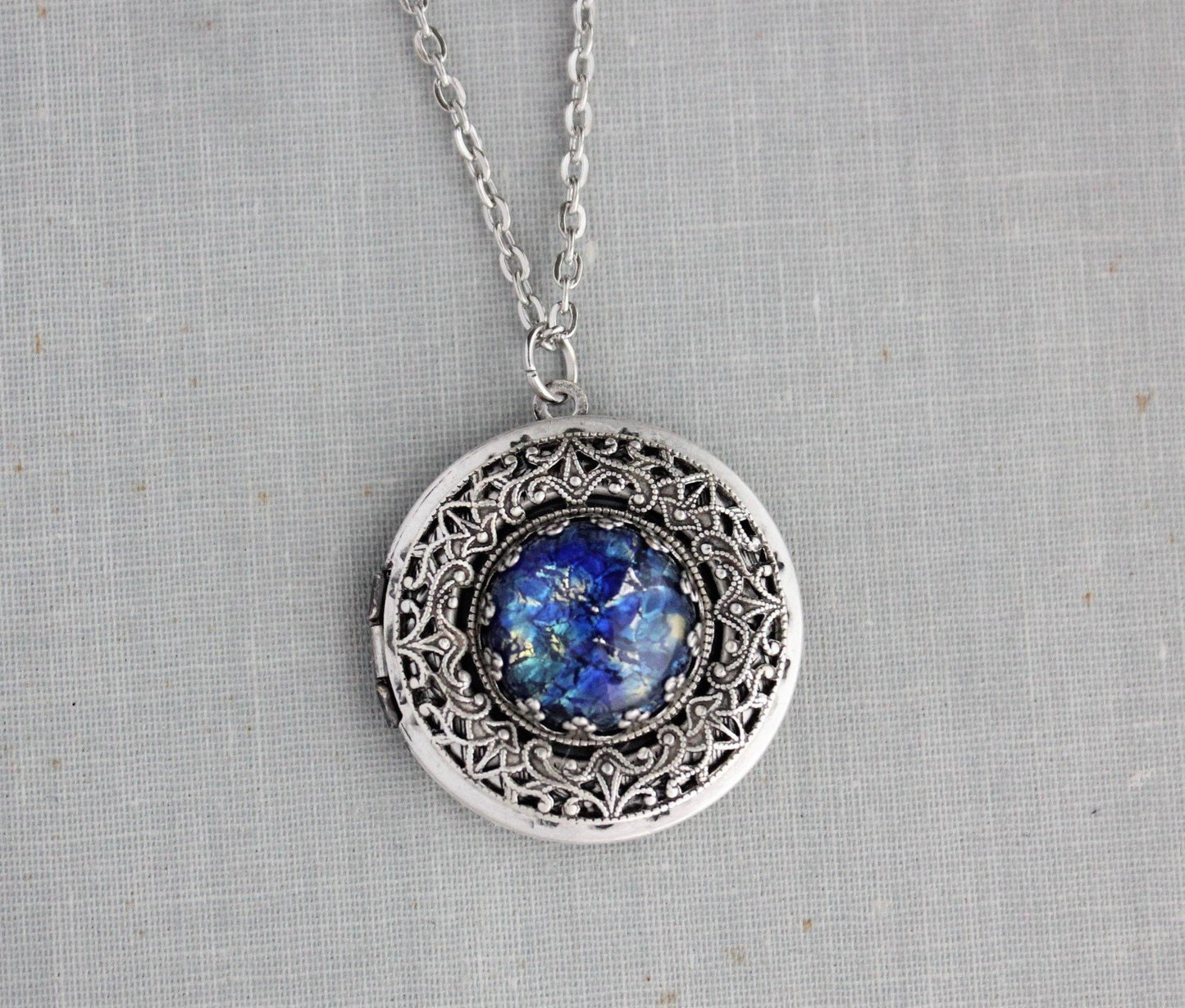 Blue Fire Opal Locket Necklace