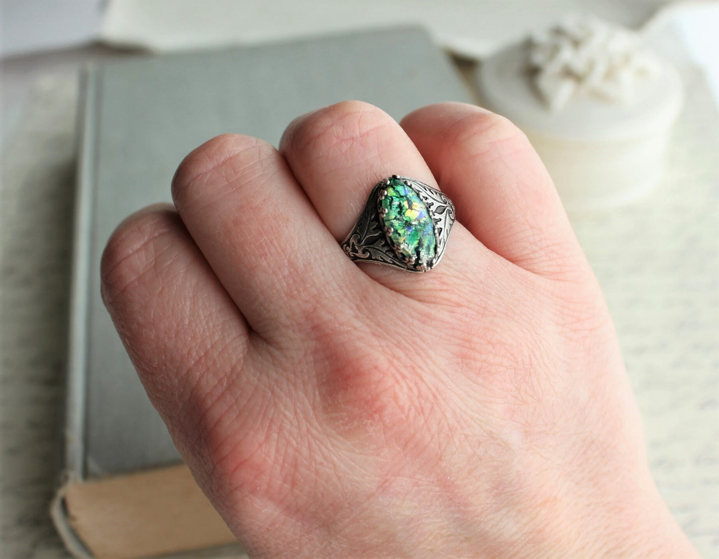 Green Opal Navette Ring