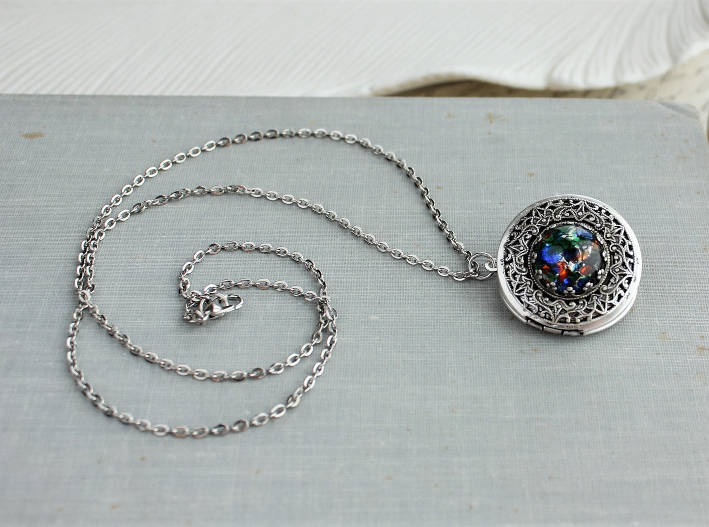 Black Multi Color Opal Locket Necklace