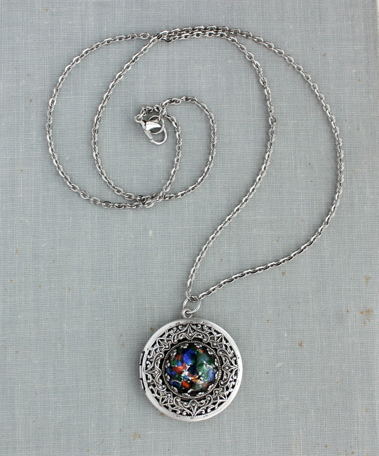 Black Multi Color Opal Locket Necklace