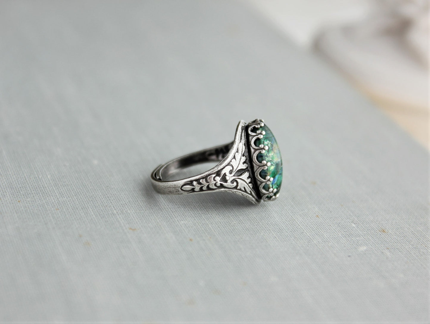 Green Opal Navette Ring