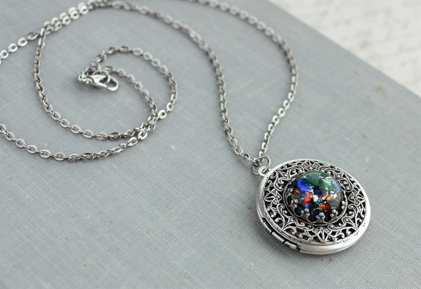 Black Multi Color Opal Locket Necklace