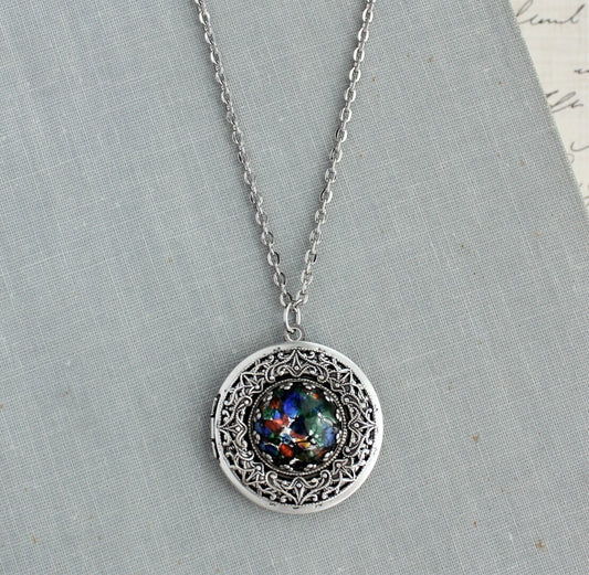 Black Multi Color Opal Locket Necklace